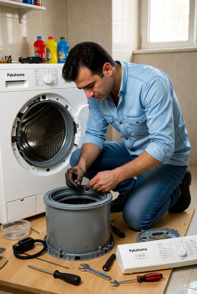 نمایندگی پاکشوما در آمل – تکنسین حامی تعمیر در حال تعمیر لباسشویی پاکشوما در منزل مشتری