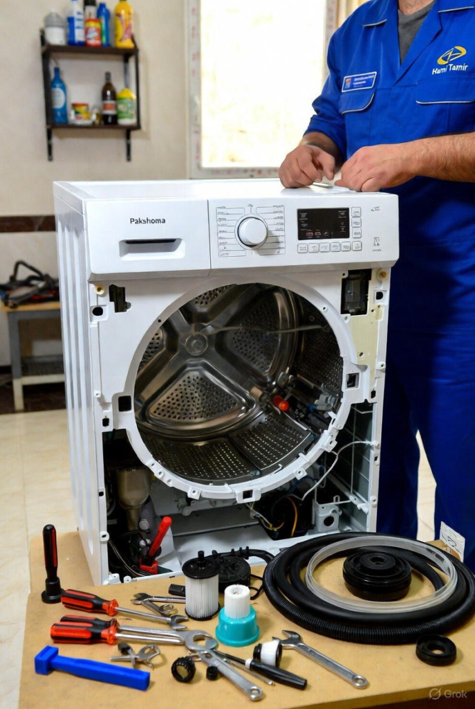 نمایندگی پاکشوما در آمل – تکنسین حامی تعمیر در حال تعمیر لباسشویی پاکشوما در منزل مشتری
